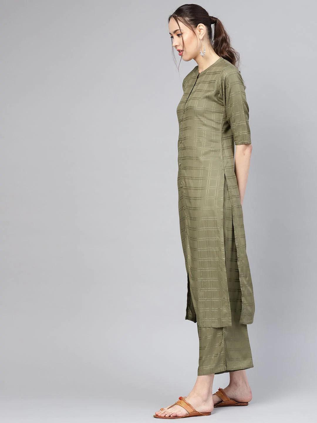 Green Printed Rayon Kurta Set