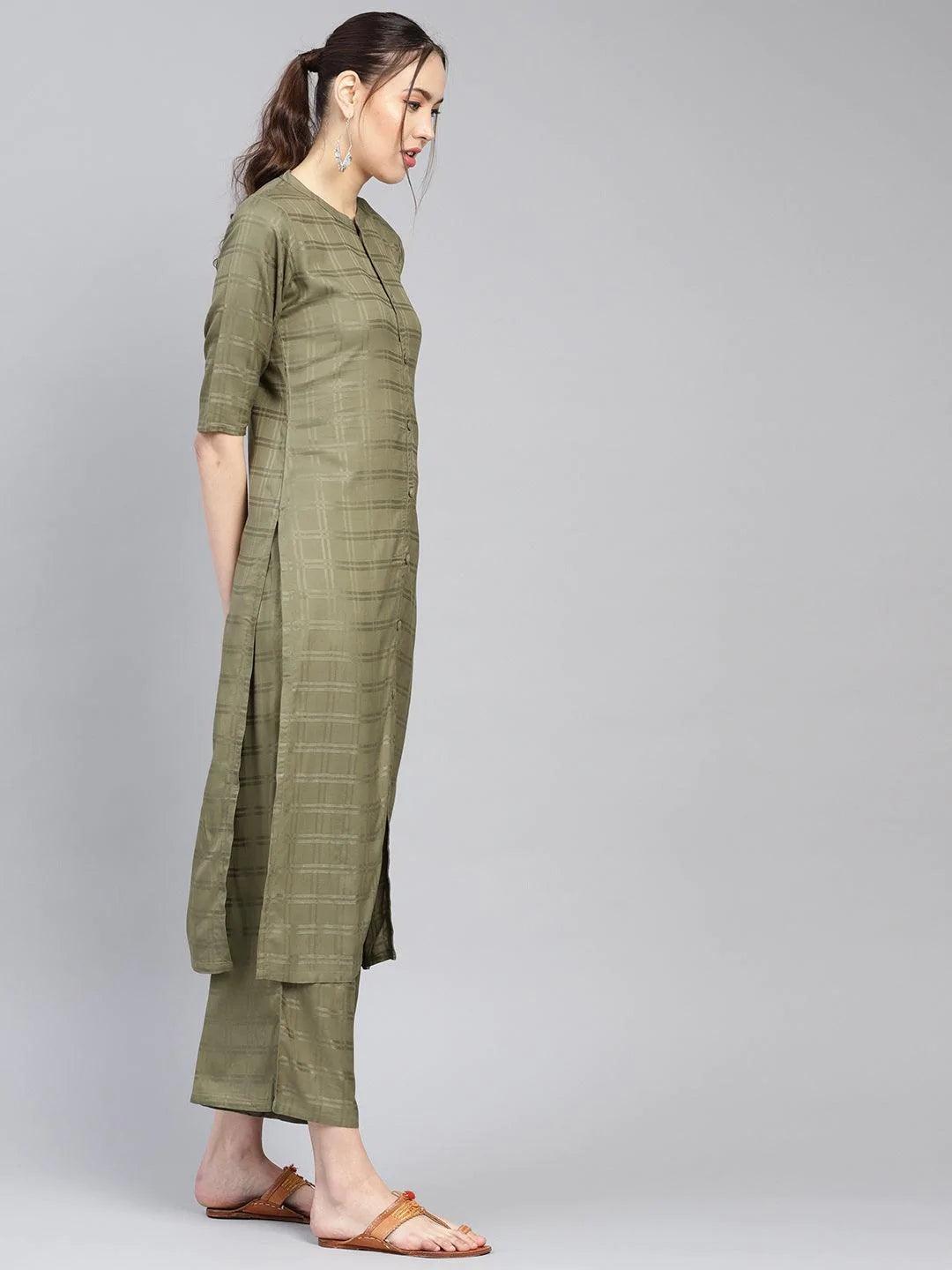 Green Printed Rayon Kurta Set