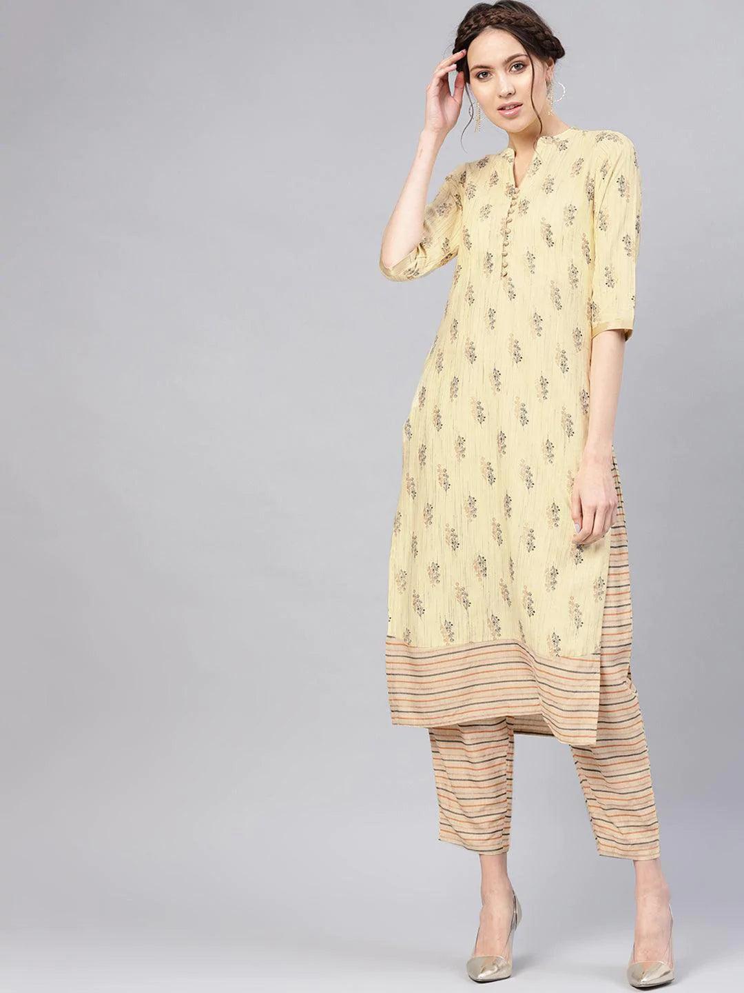 Yellow Printed Rayon Kurta Set - ShopLibas