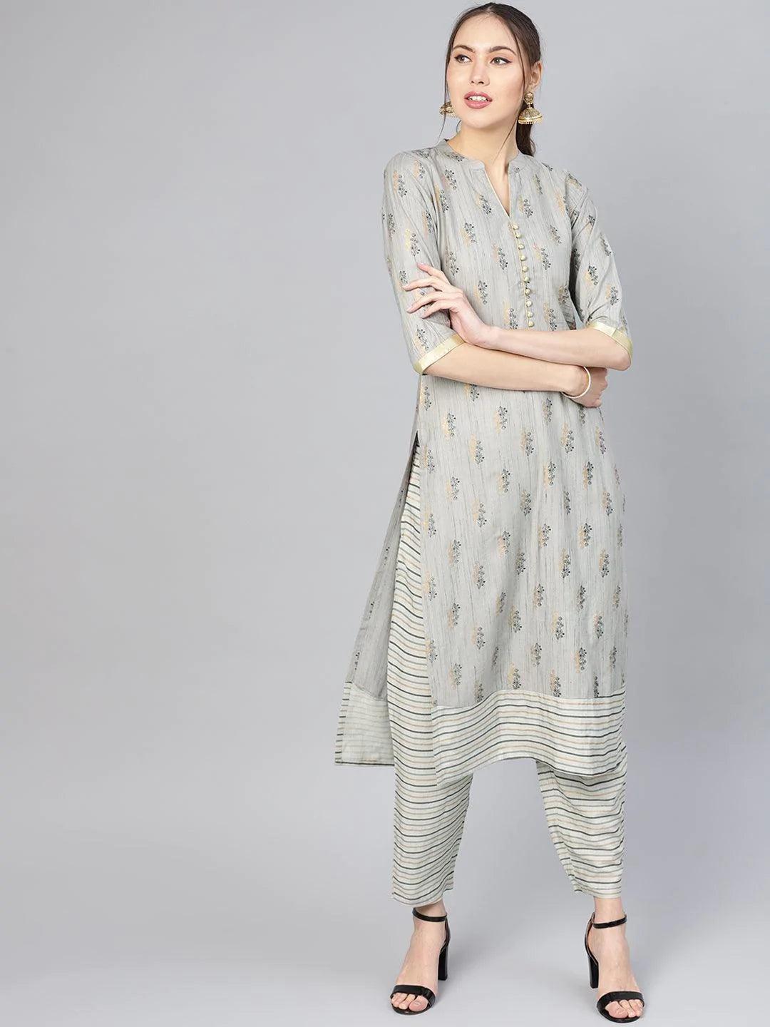 Grey Printed Rayon Kurta Set