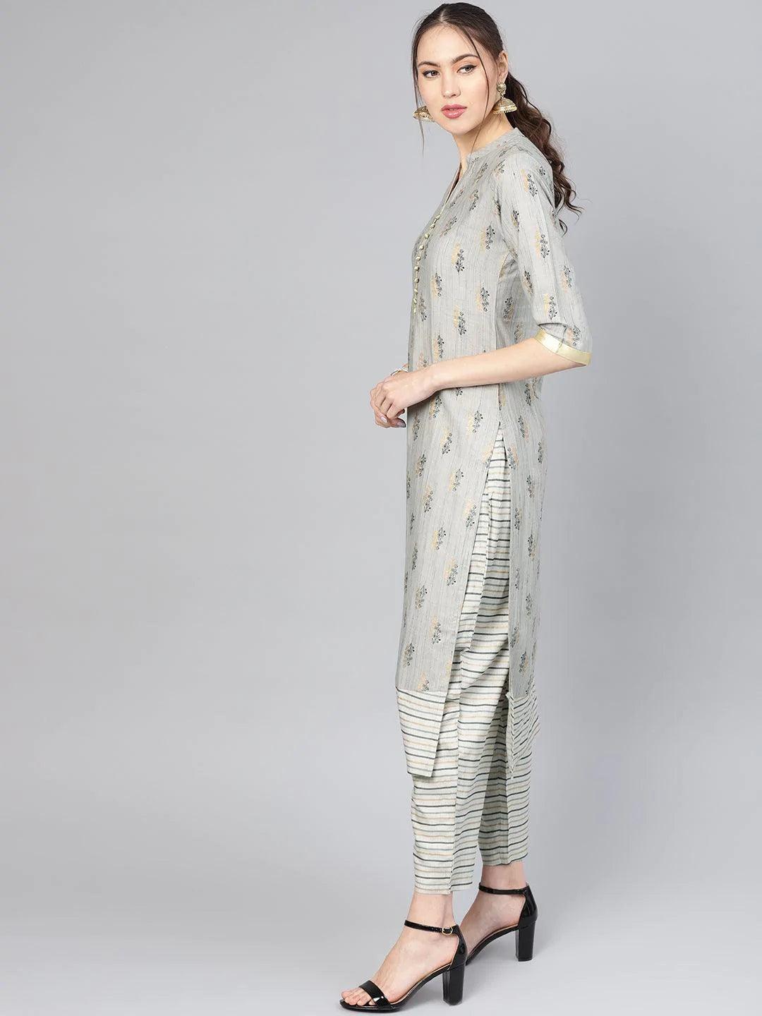 Grey Printed Rayon Kurta Set