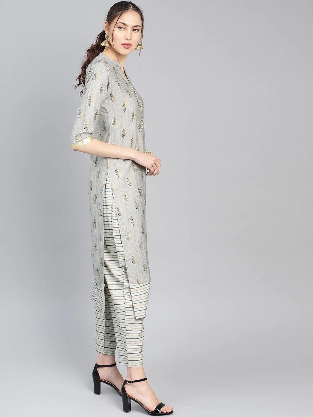 Grey Printed Rayon Kurta Set