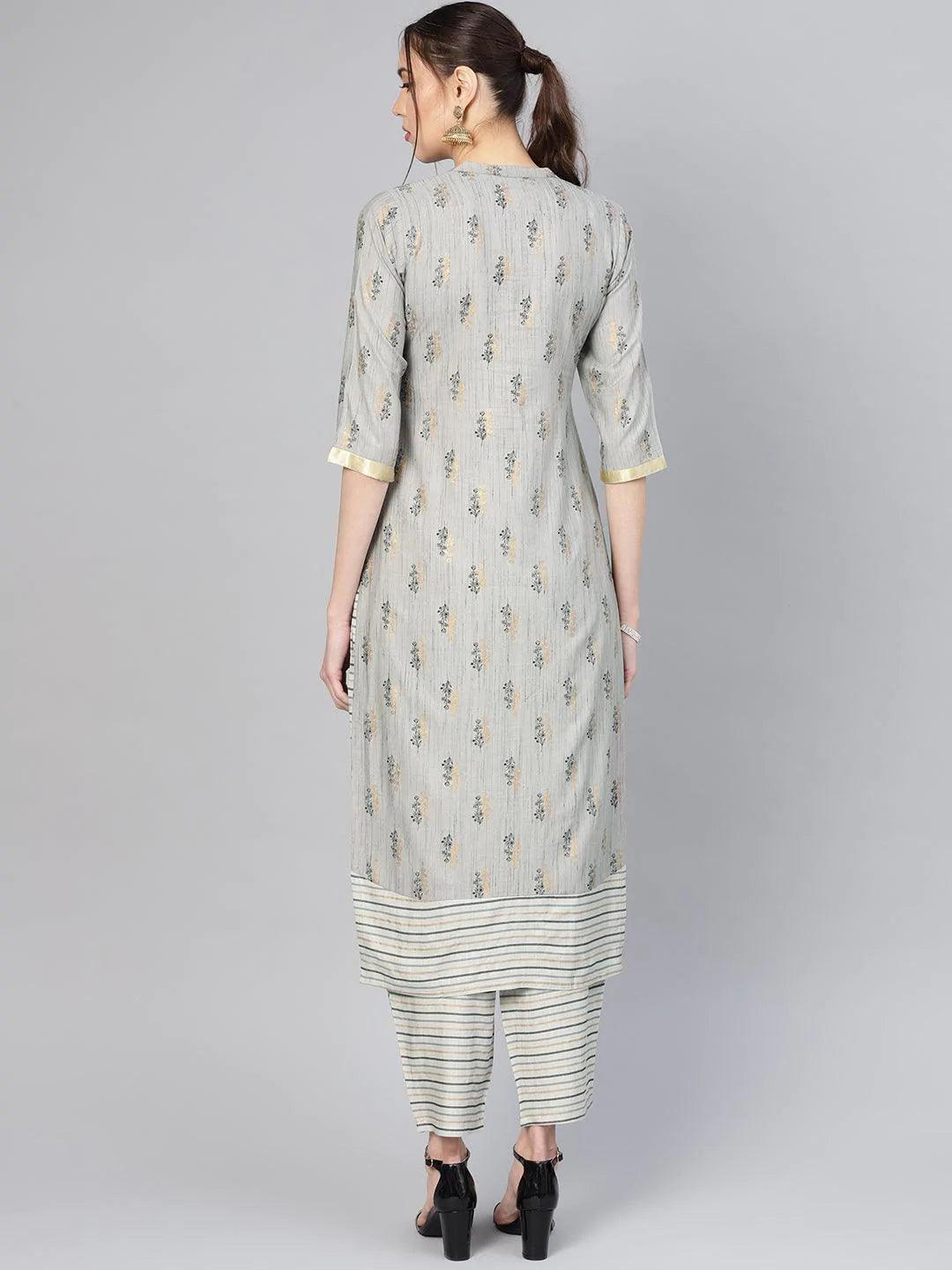 Grey Printed Rayon Kurta Set