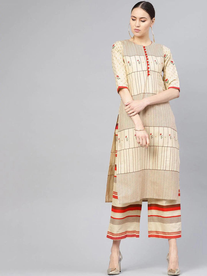 Beige Printed Cotton Kurta Set - ShopLibas