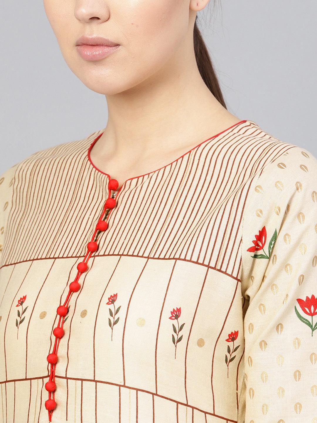 Beige Printed Cotton Kurta Set - ShopLibas