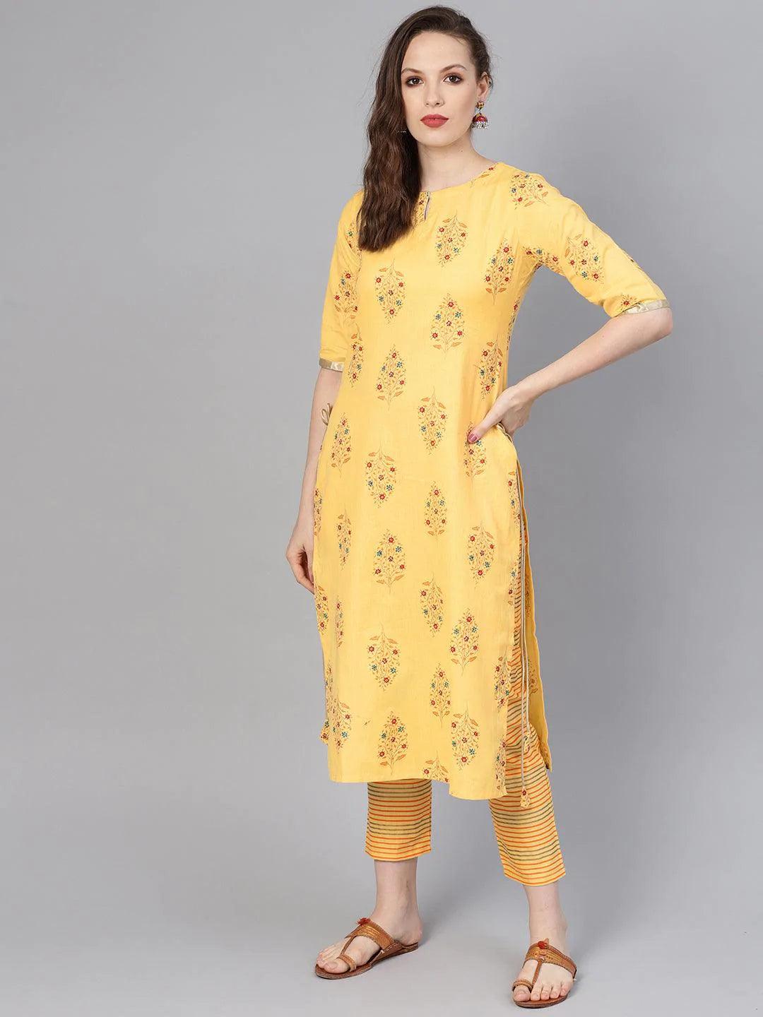 Yellow Printed Cotton Kurta Set - ShopLibas