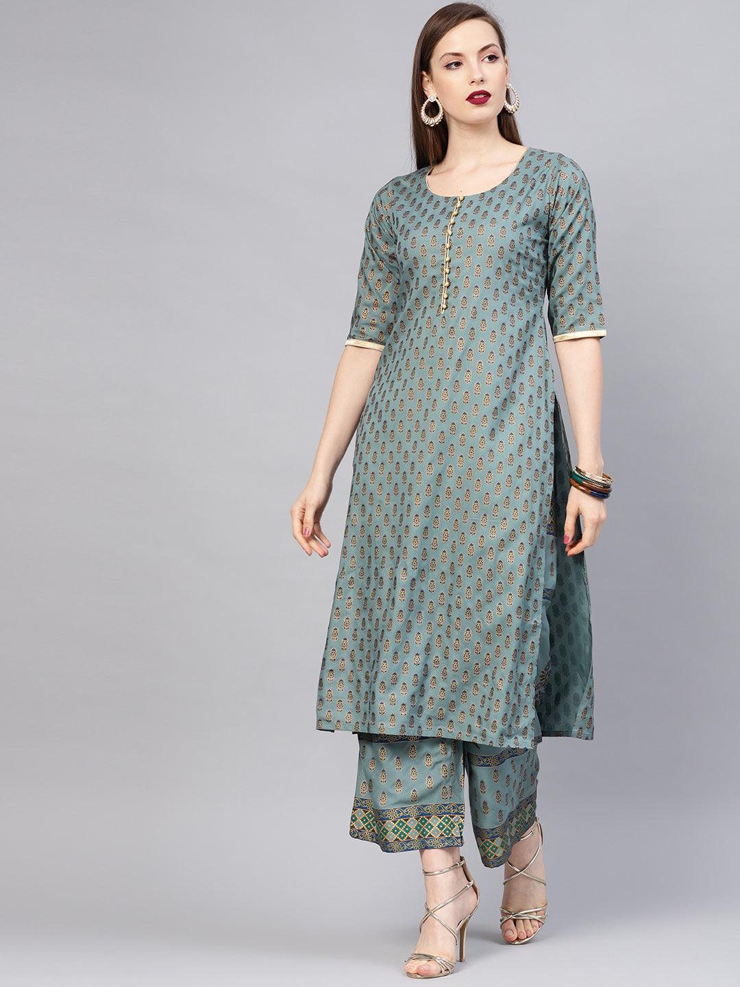 Grey Printed Cotton Kurta Set