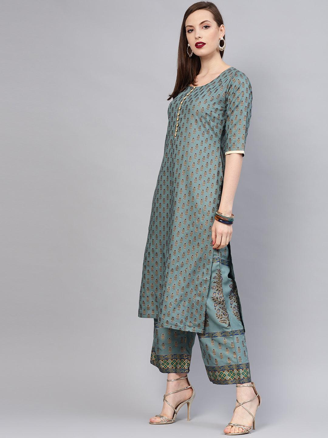 Grey Printed Cotton Kurta Set