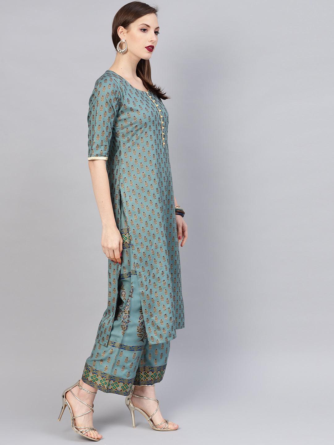 Grey Printed Cotton Kurta Set