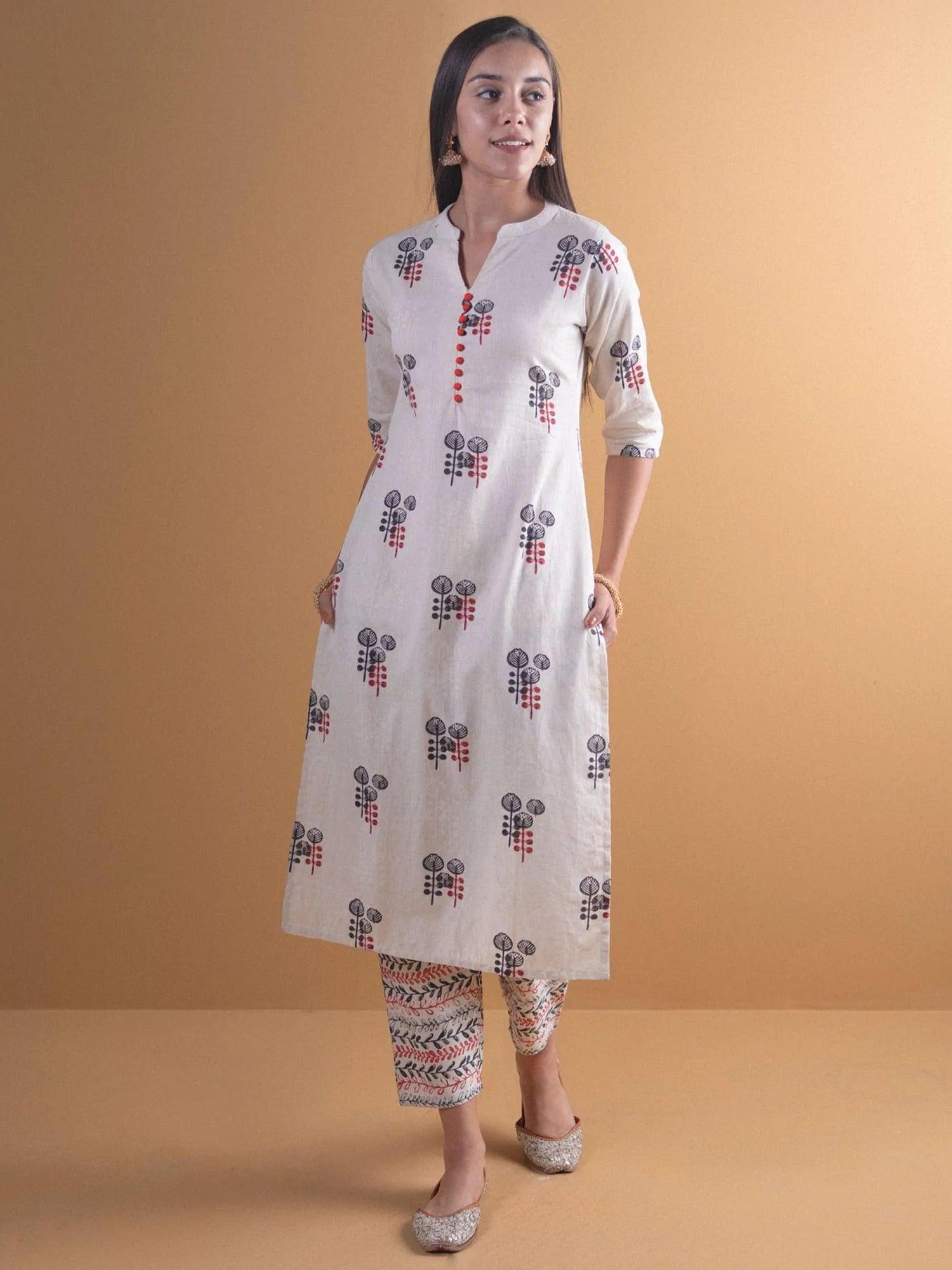 Off-White Printed Cotton Kurta Set