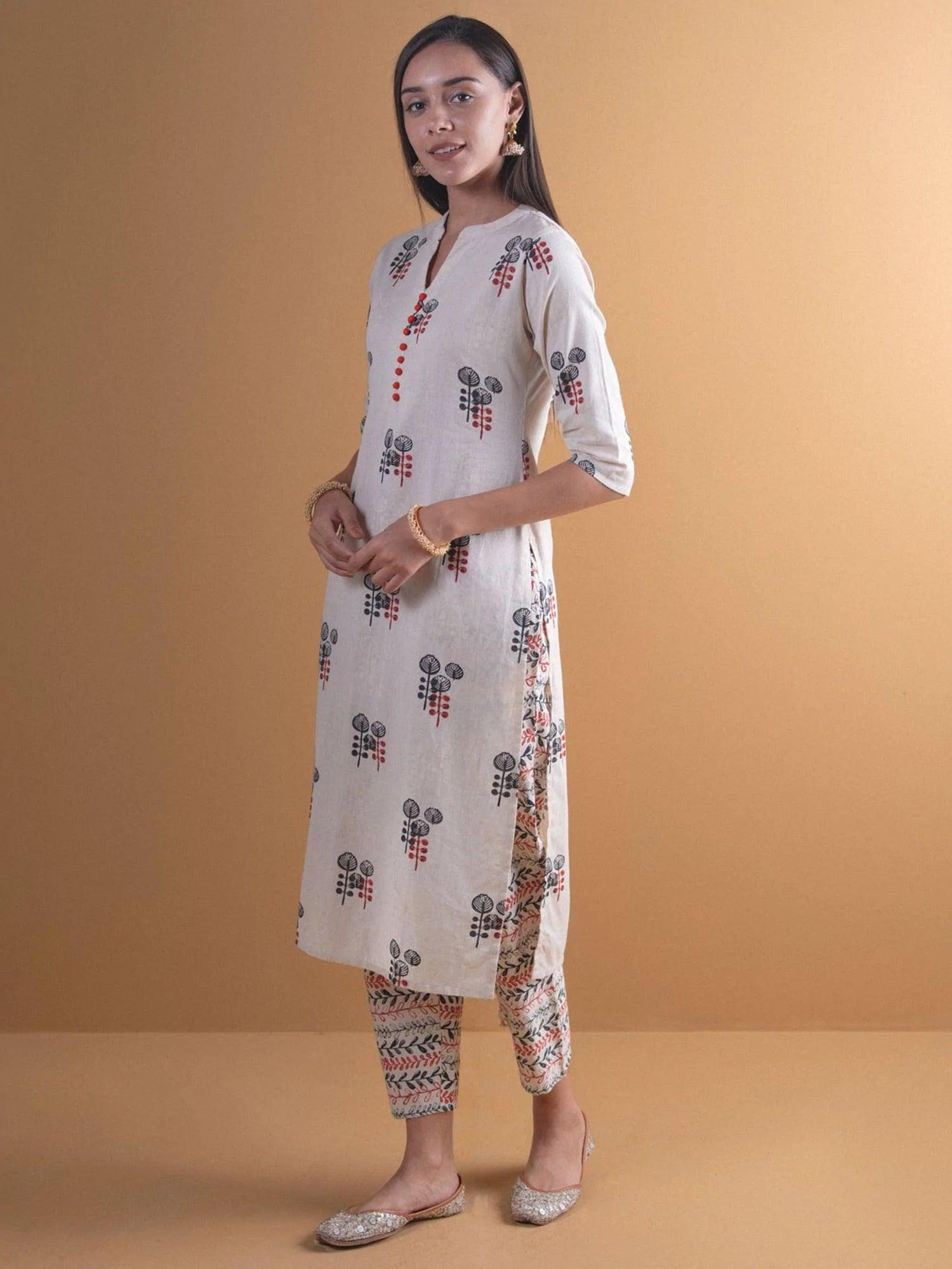 Off-White Printed Cotton Kurta Set