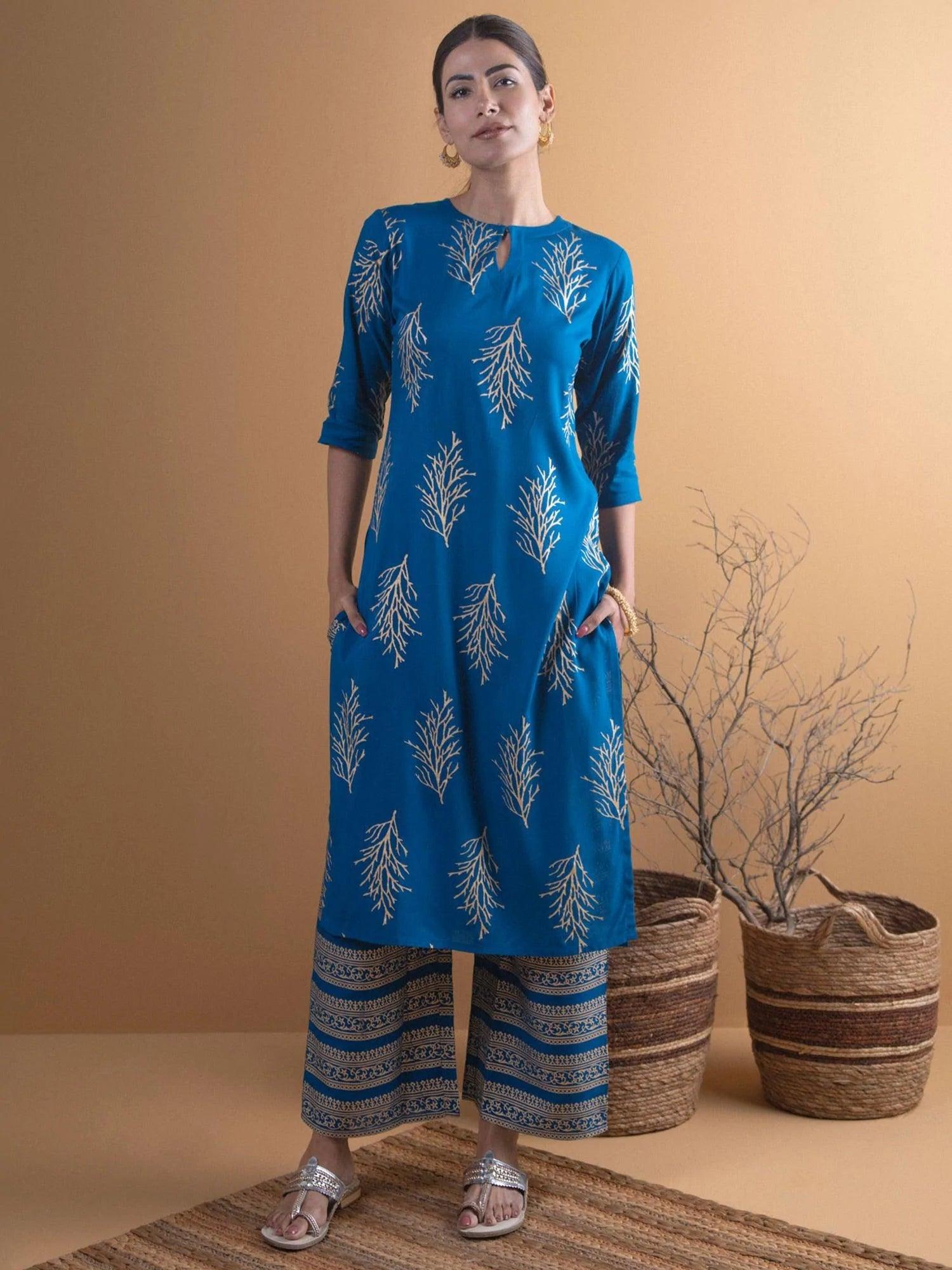 Blue Printed Cotton Kurta Set