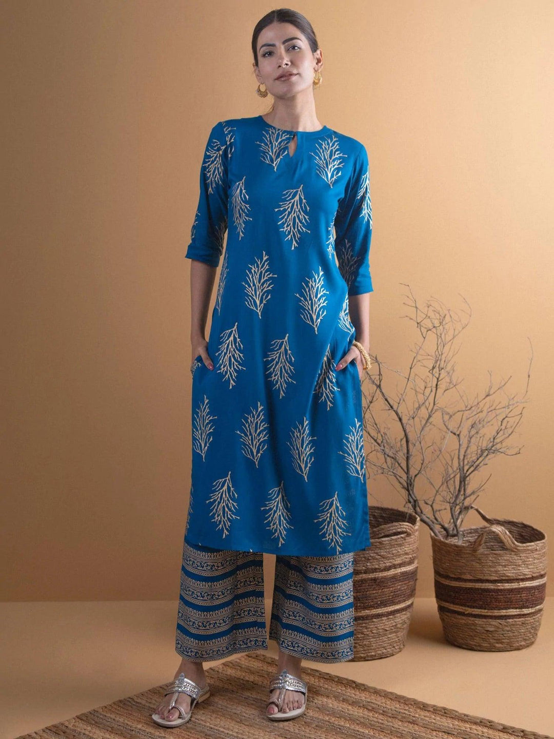 Blue Printed Cotton Kurta Set - ShopLibas