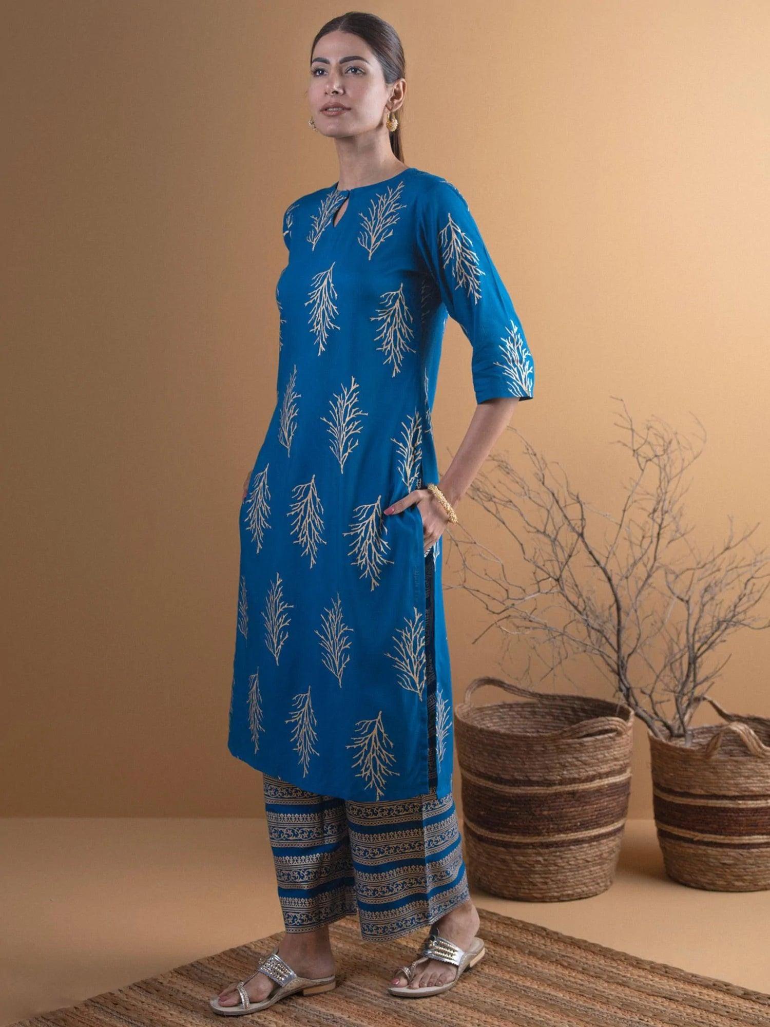 Blue Printed Cotton Kurta Set