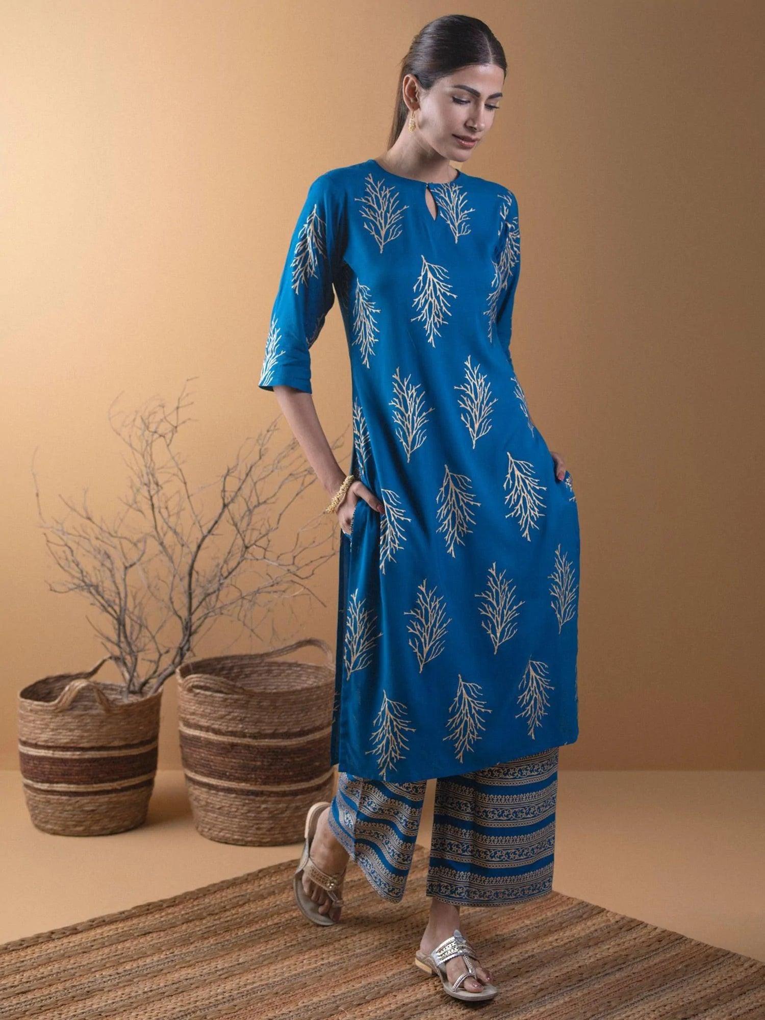 Blue Printed Cotton Kurta Set