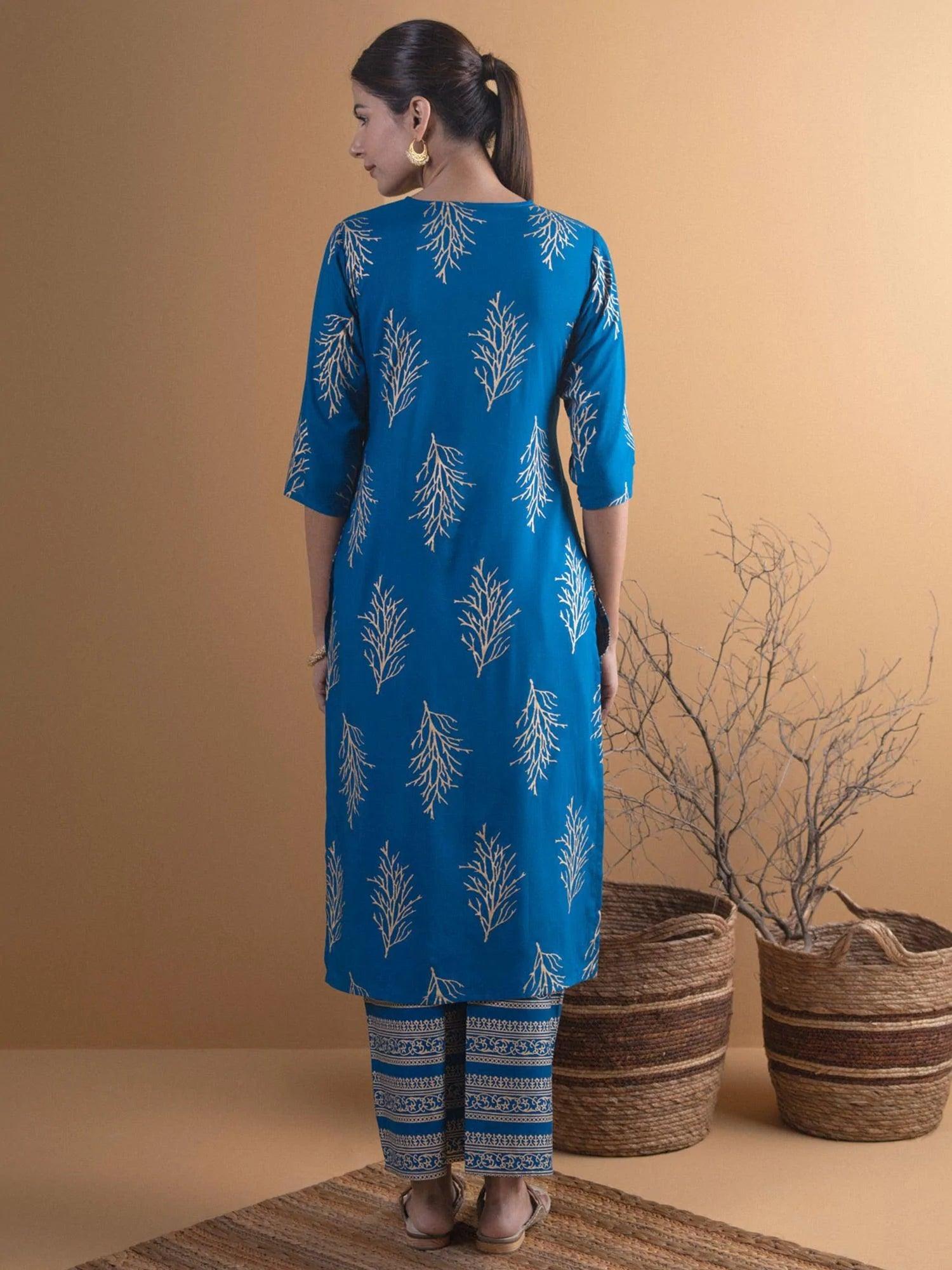 Blue Printed Cotton Kurta Set