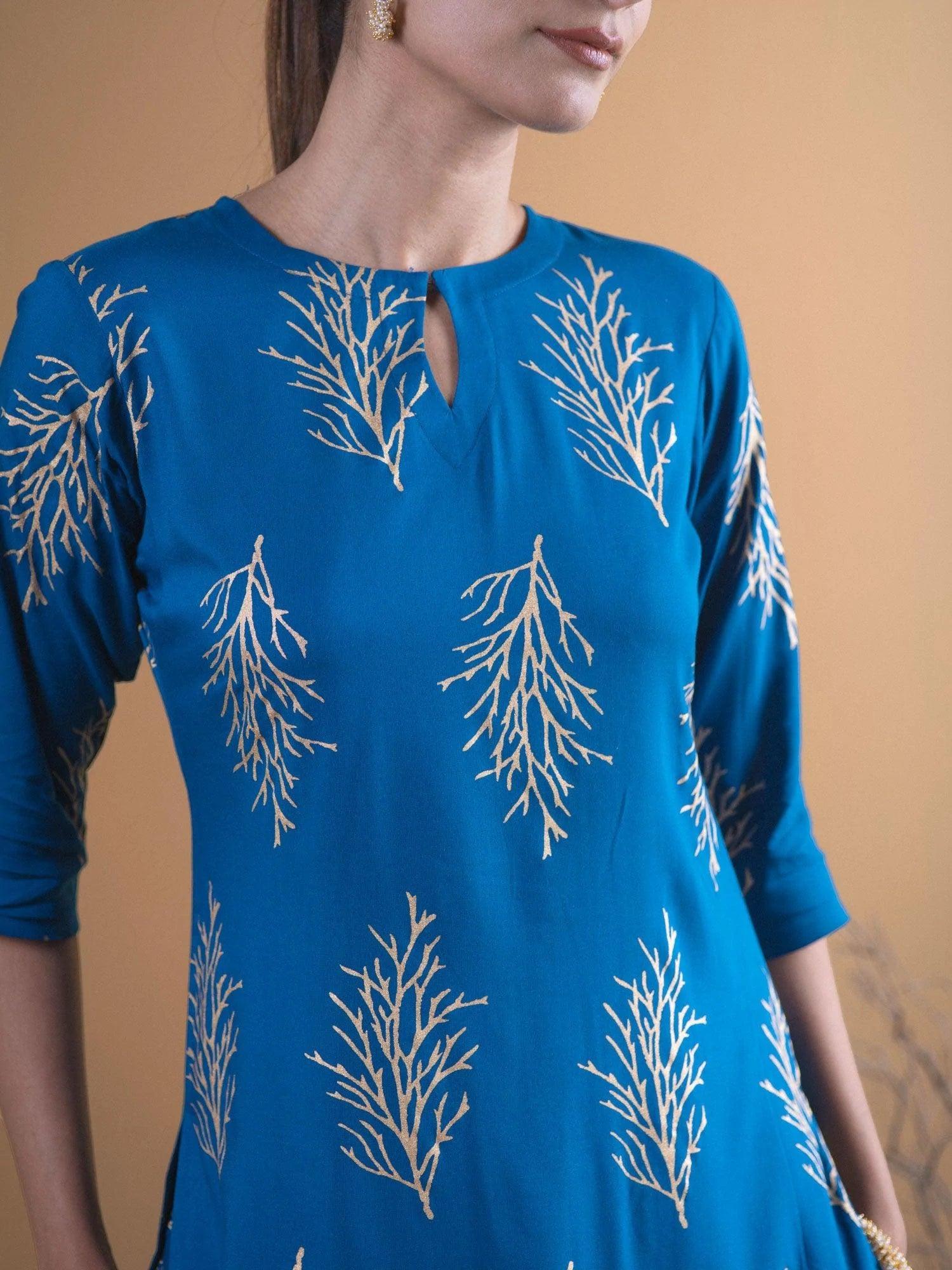 Blue Printed Cotton Kurta Set