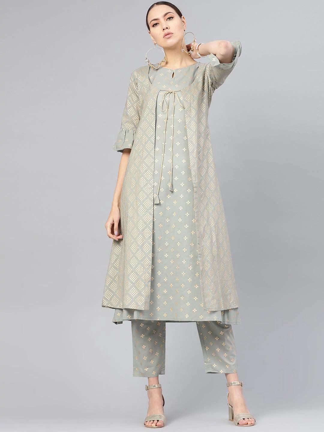 Grey Printed Cotton Kurta Set - ShopLibas