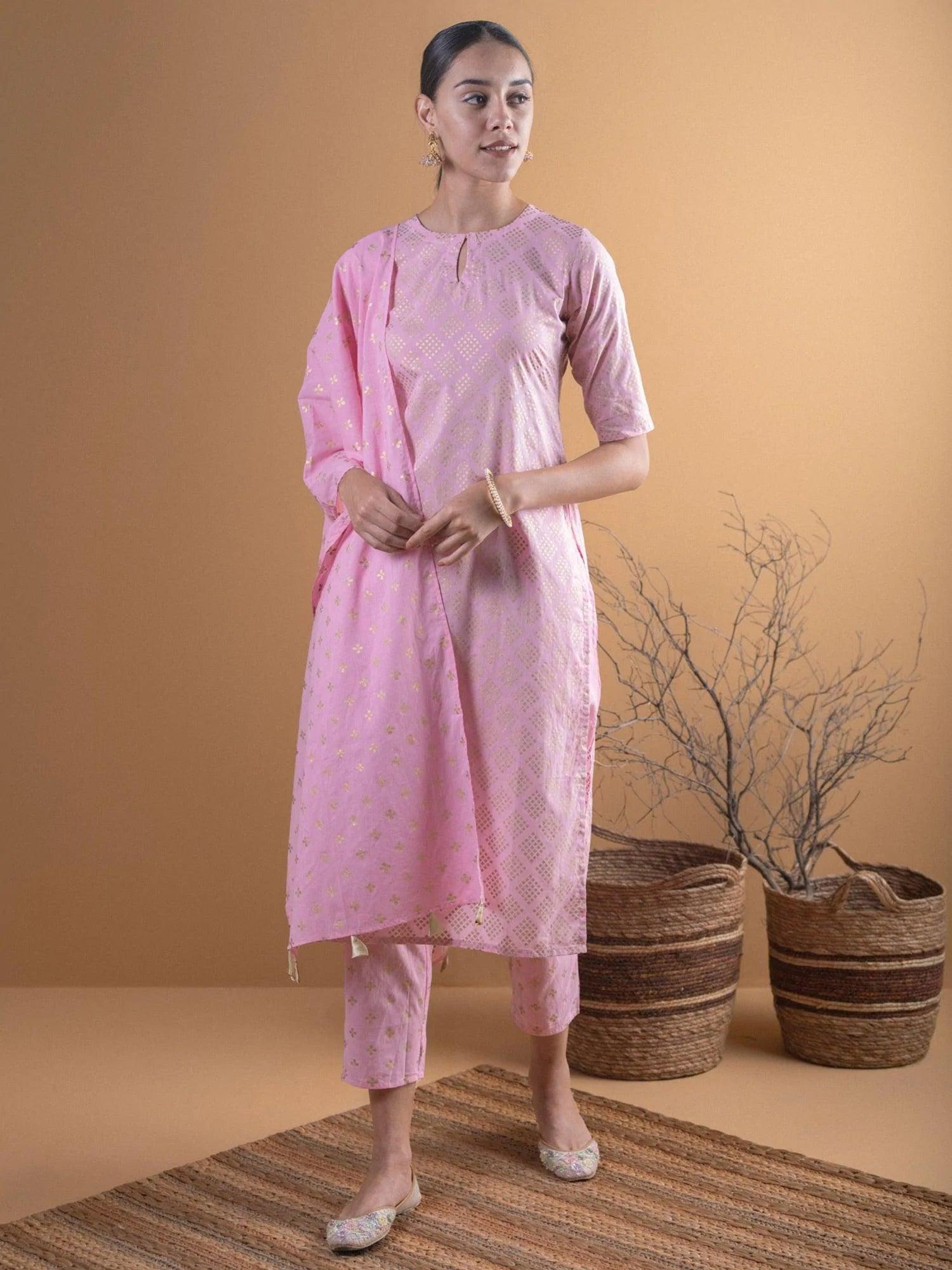 Pink Printed Cotton Suit Set