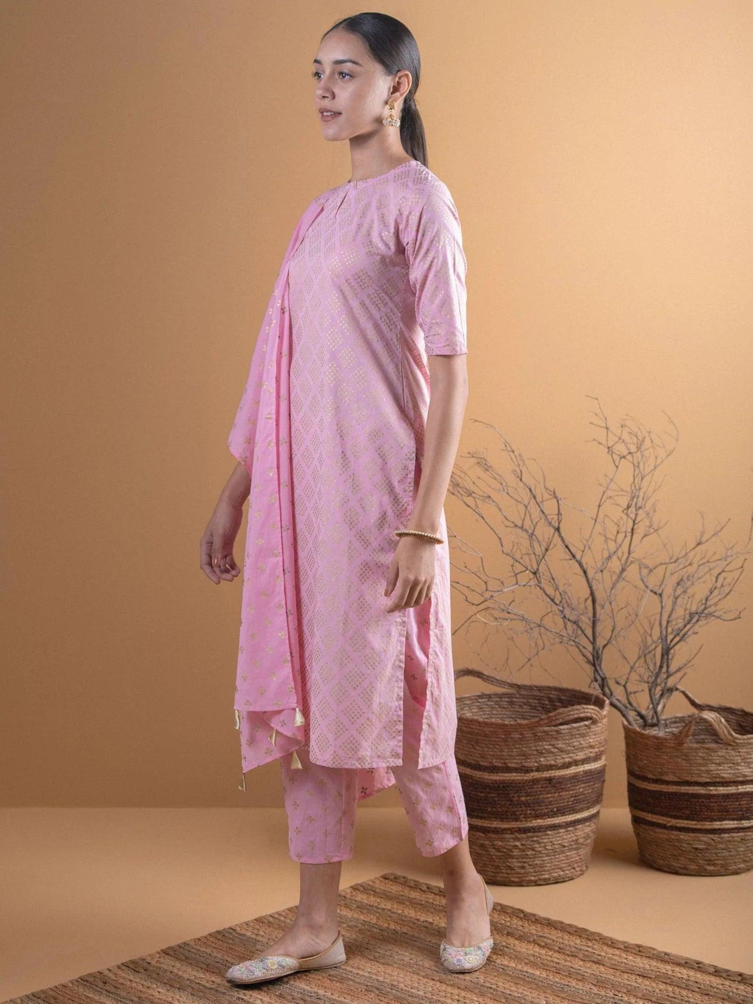 Pink Printed Cotton Suit Set