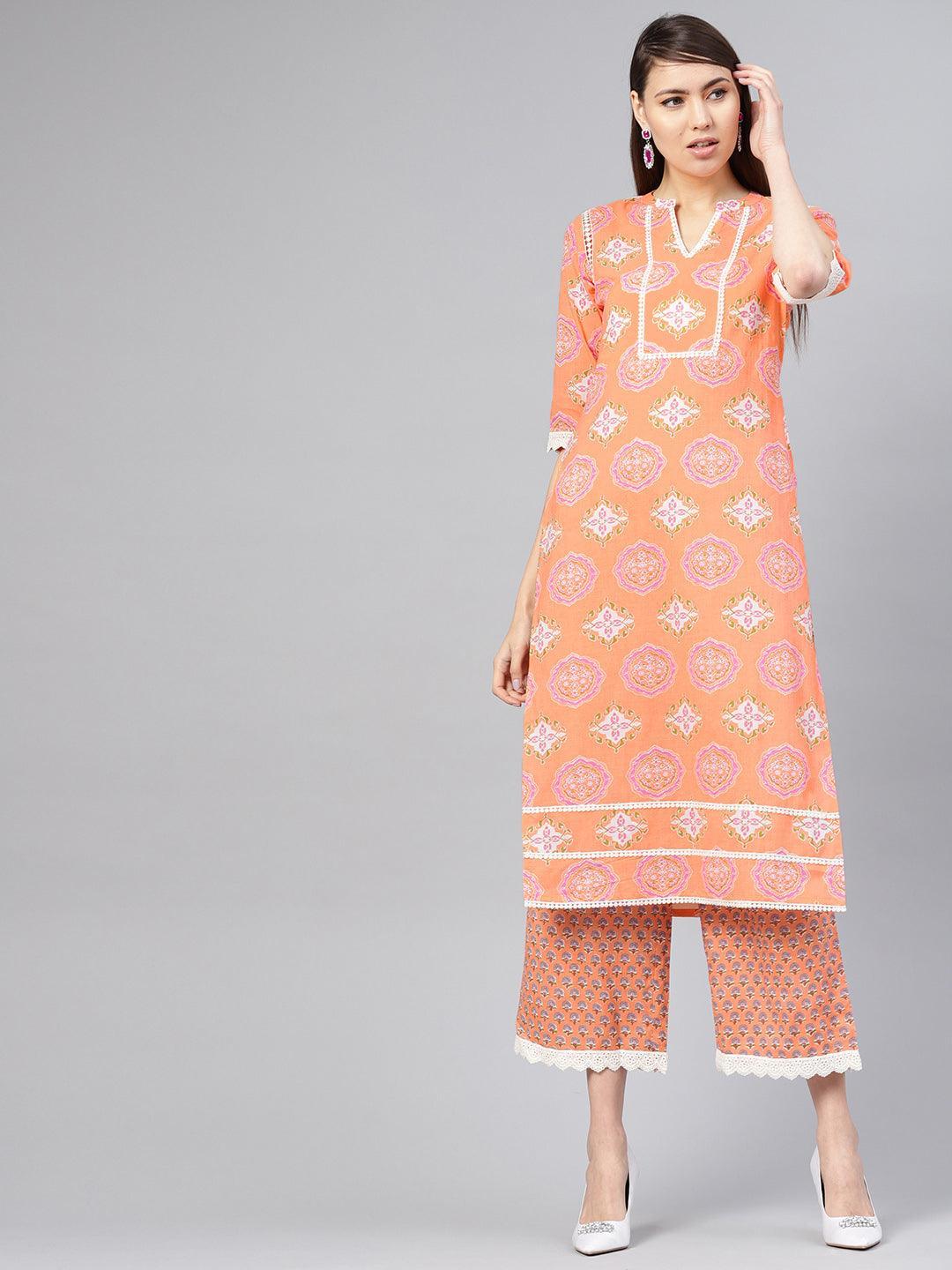 Orange Printed Cotton Kurta Set - ShopLibas