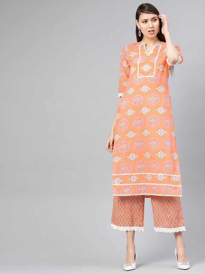 Orange Printed Cotton Kurta Set - ShopLibas