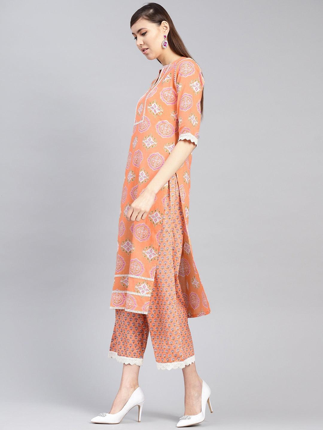 Orange Printed Cotton Kurta Set - ShopLibas