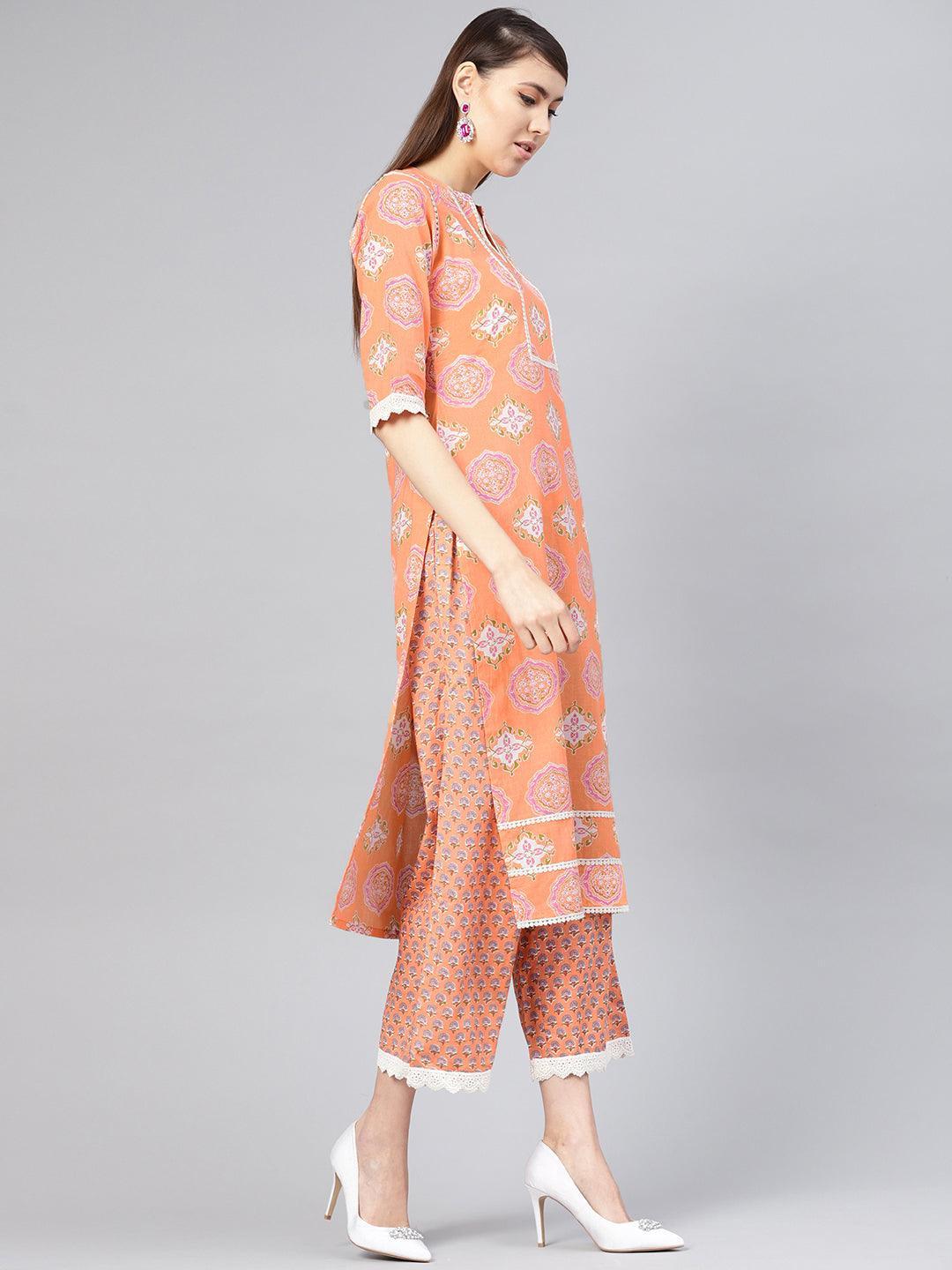 Orange Printed Cotton Kurta Set - ShopLibas