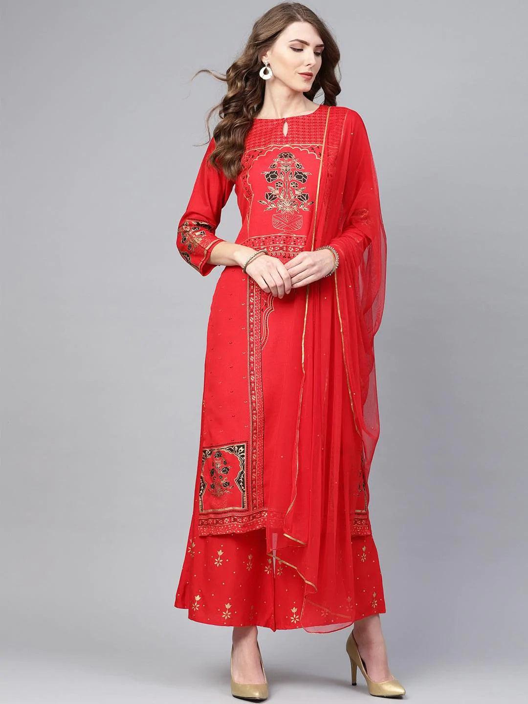 Red Printed Cotton Suit Set