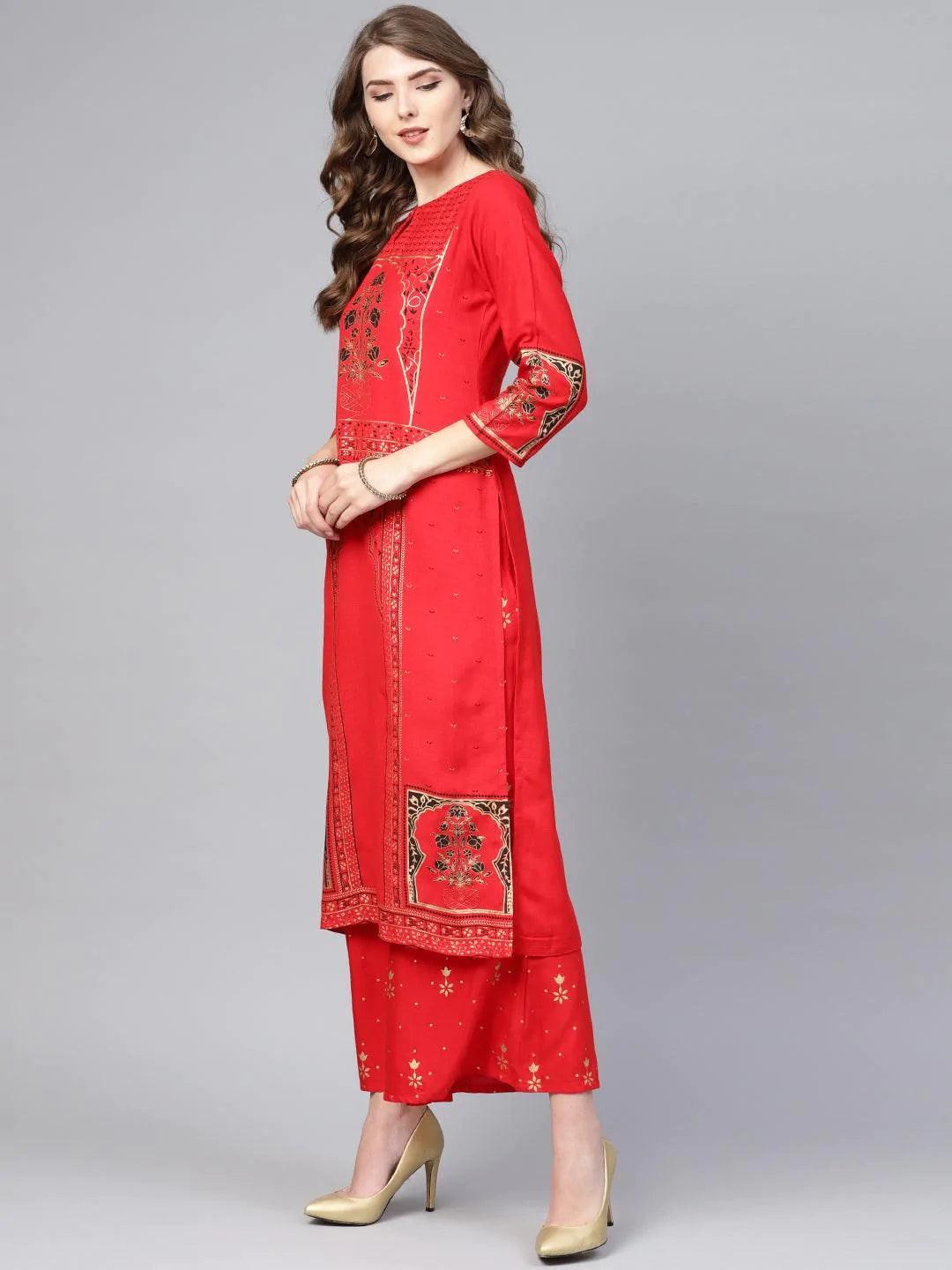 Red Printed Cotton Suit Set