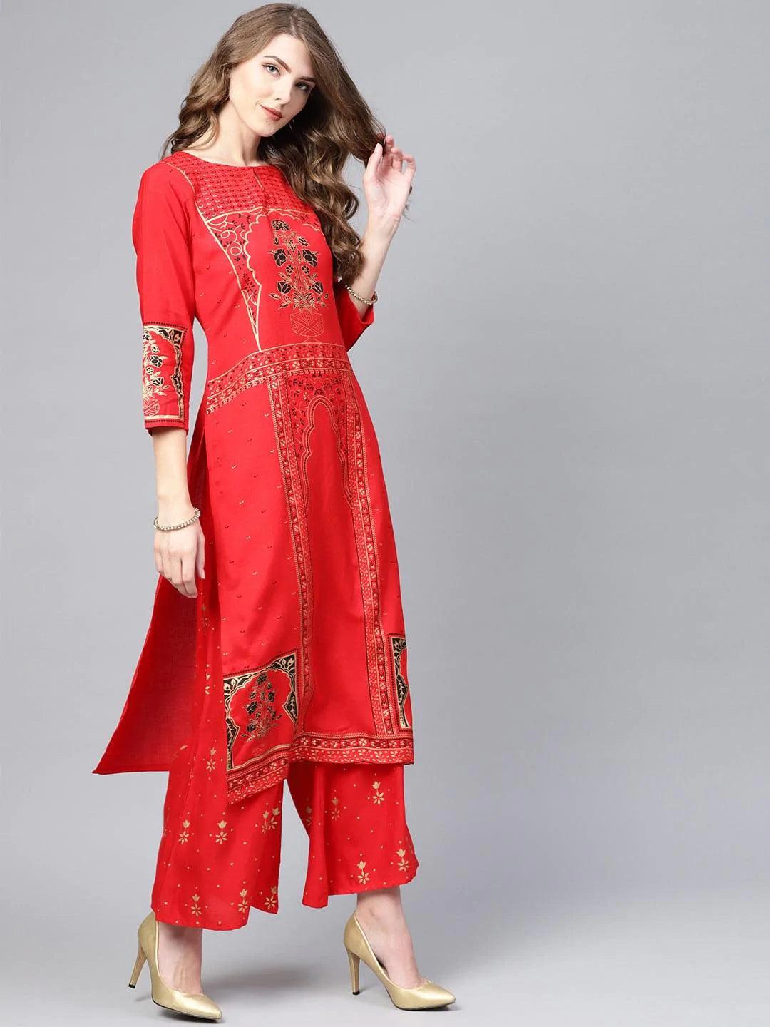 Red Printed Cotton Suit Set