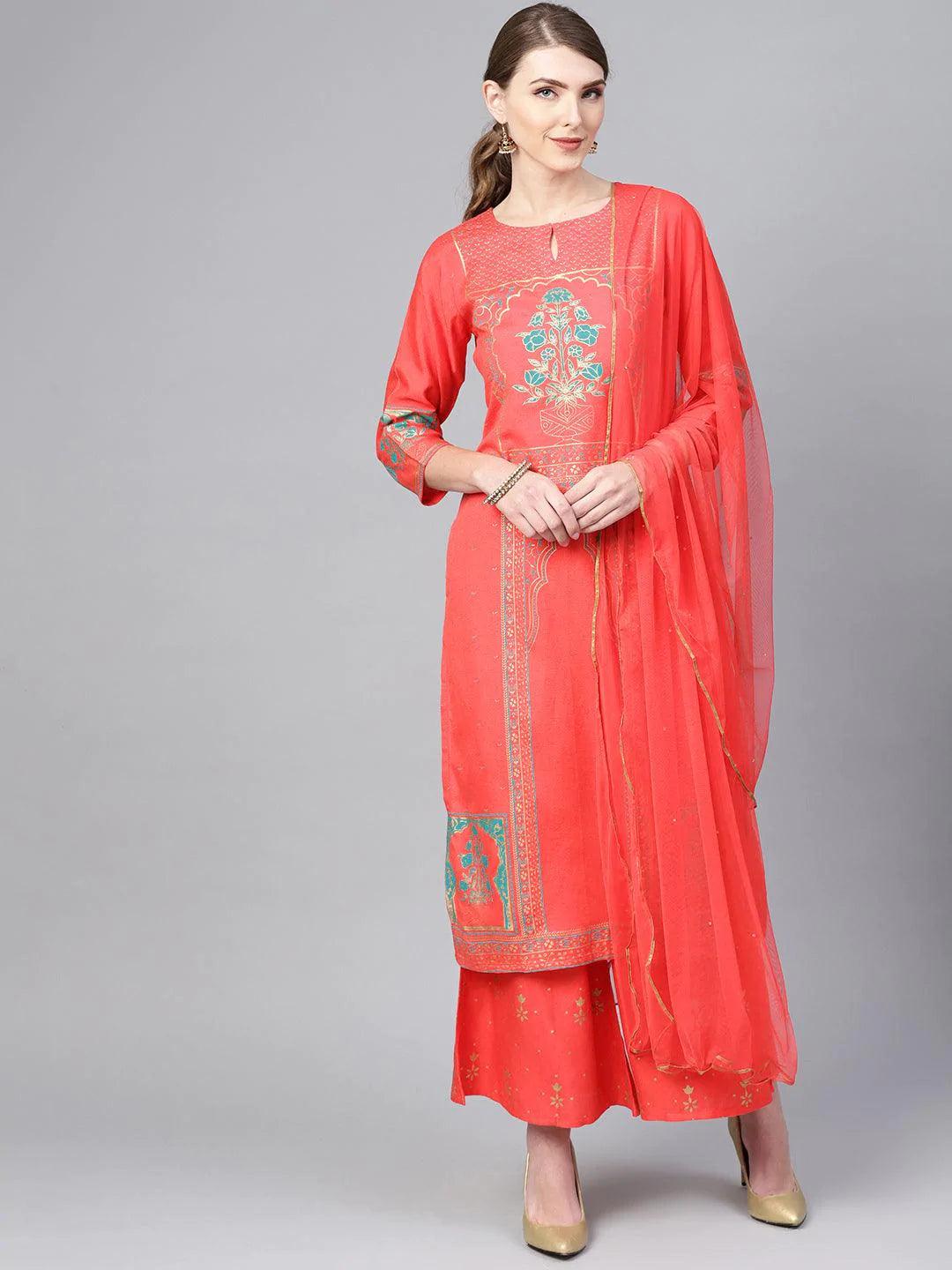 Coral Printed Cotton Suit Set