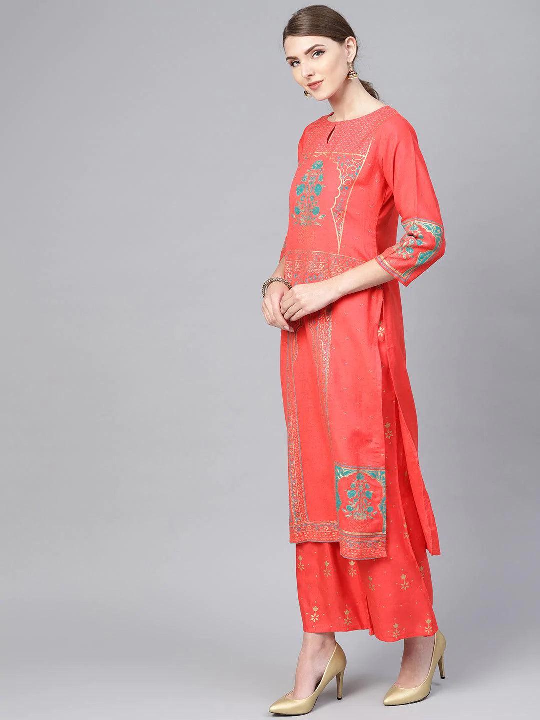 Coral Printed Cotton Suit Set