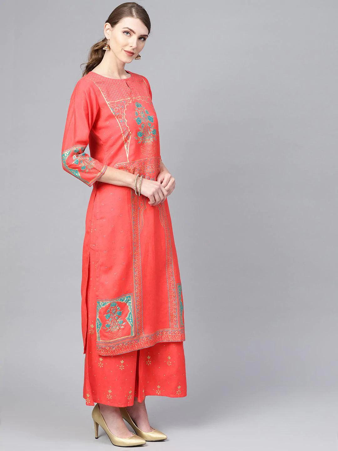 Coral Printed Cotton Suit Set