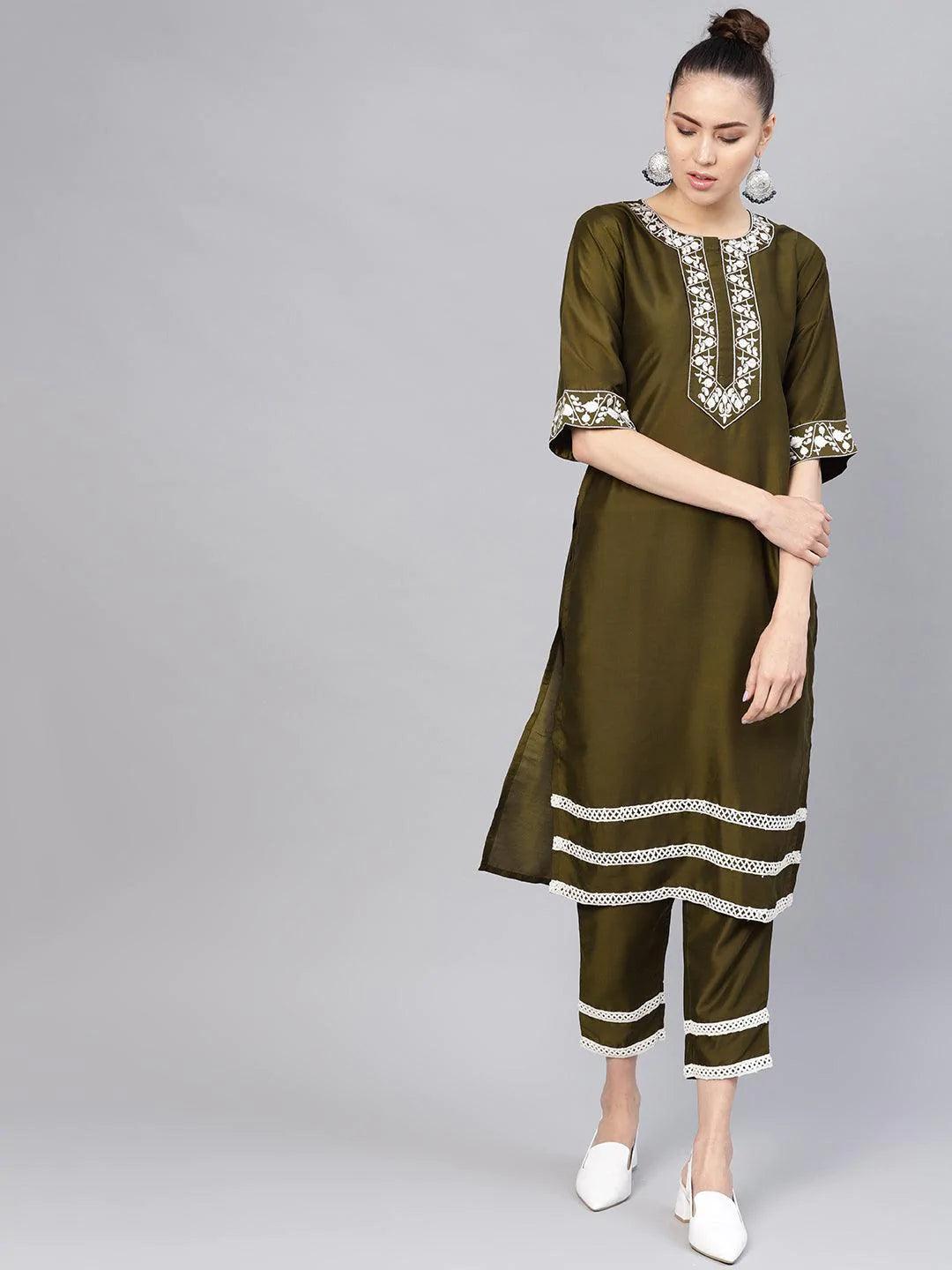 Olive Embroidered Polyester Kurta Set