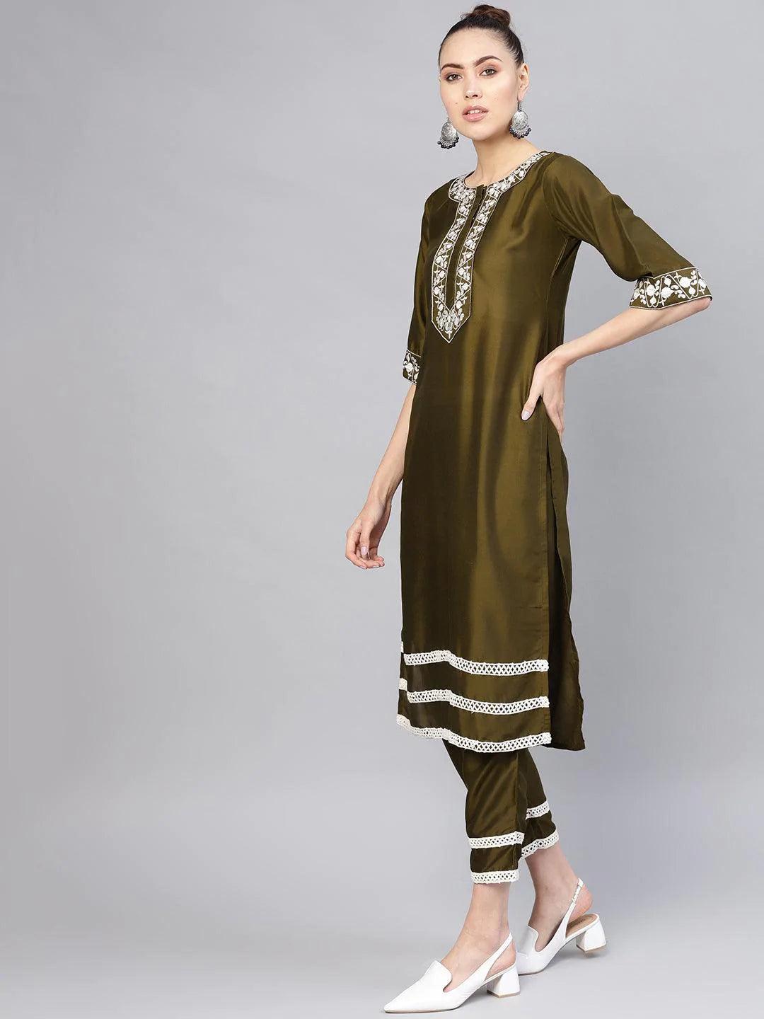 Olive Embroidered Polyester Kurta Set