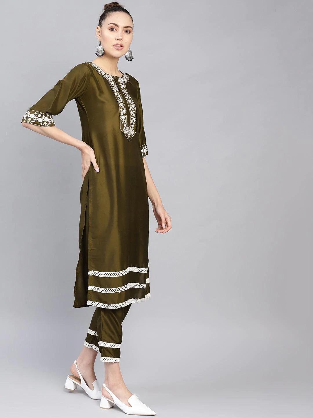 Olive Embroidered Polyester Kurta Set