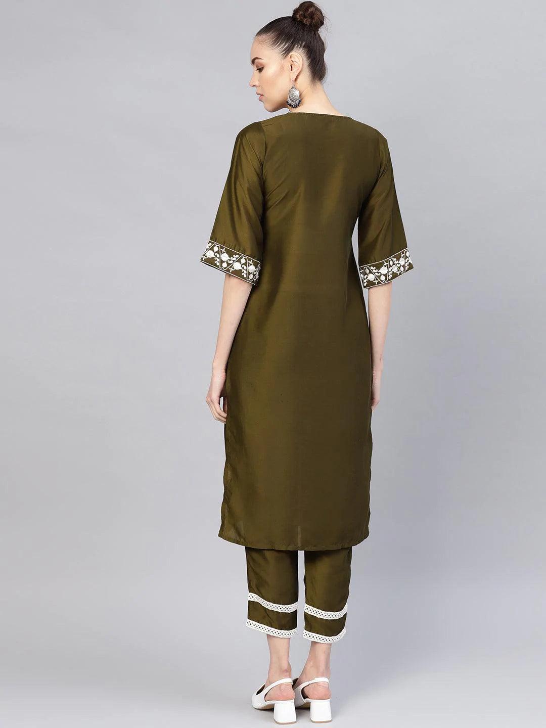 Olive Embroidered Polyester Kurta Set