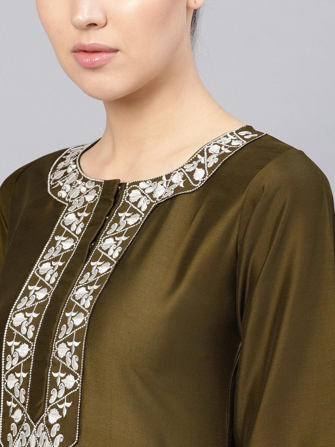 Olive Embroidered Polyester Kurta Set