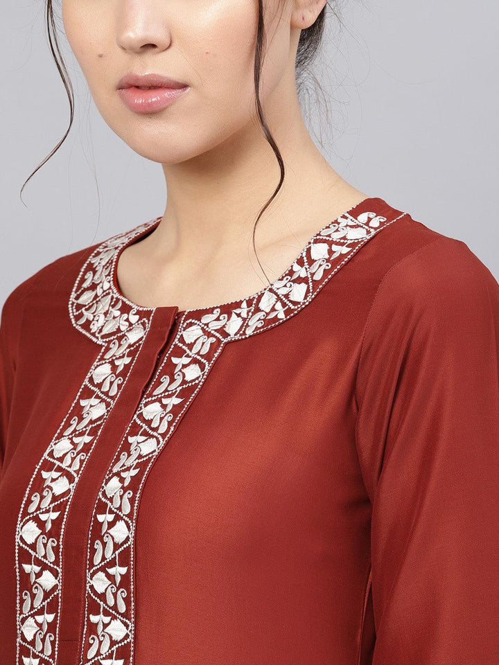 Rust Embroidered Silk Kurta Set - ShopLibas