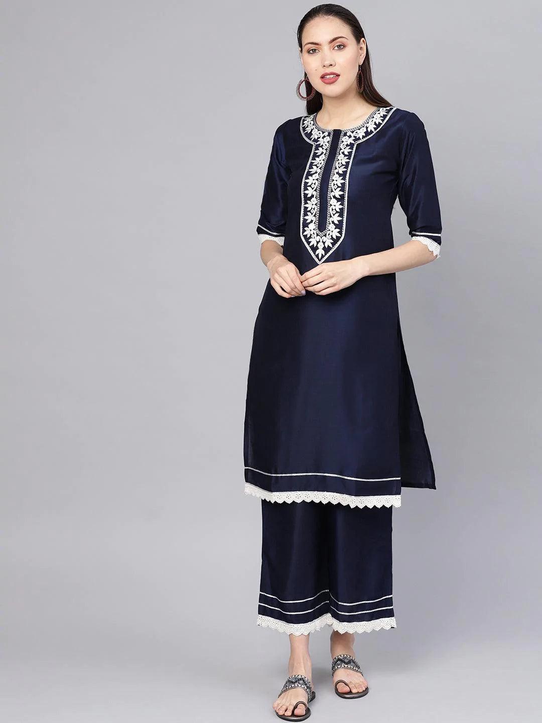 Navy Blue Embroidered Silk Kurta Set