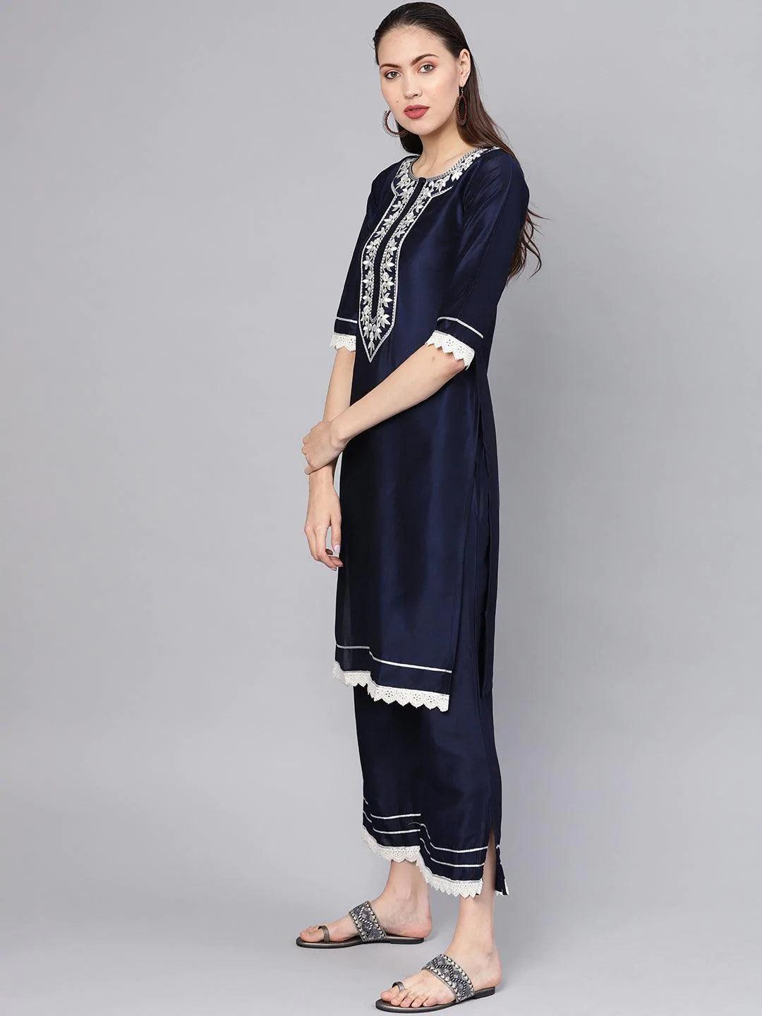 Navy Blue Embroidered Silk Kurta Set