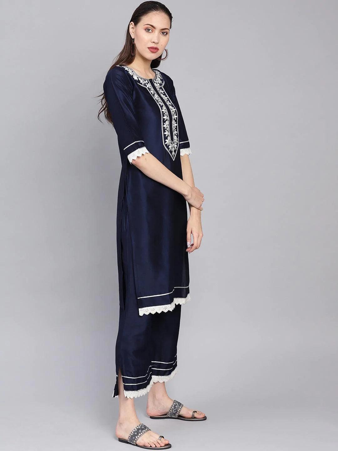 Navy Blue Embroidered Silk Kurta Set