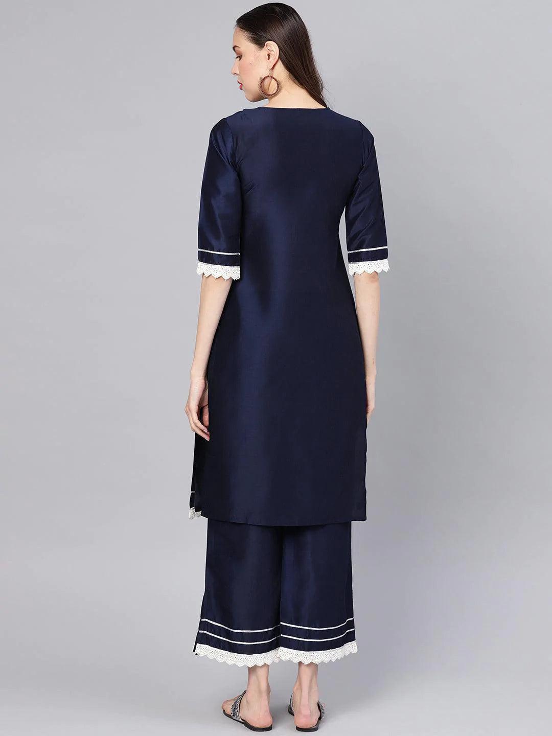 Navy Blue Embroidered Silk Kurta Set