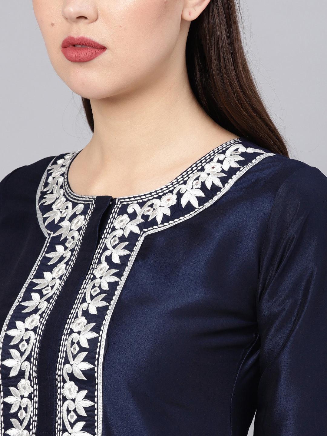 Navy Blue Embroidered Silk Kurta Set