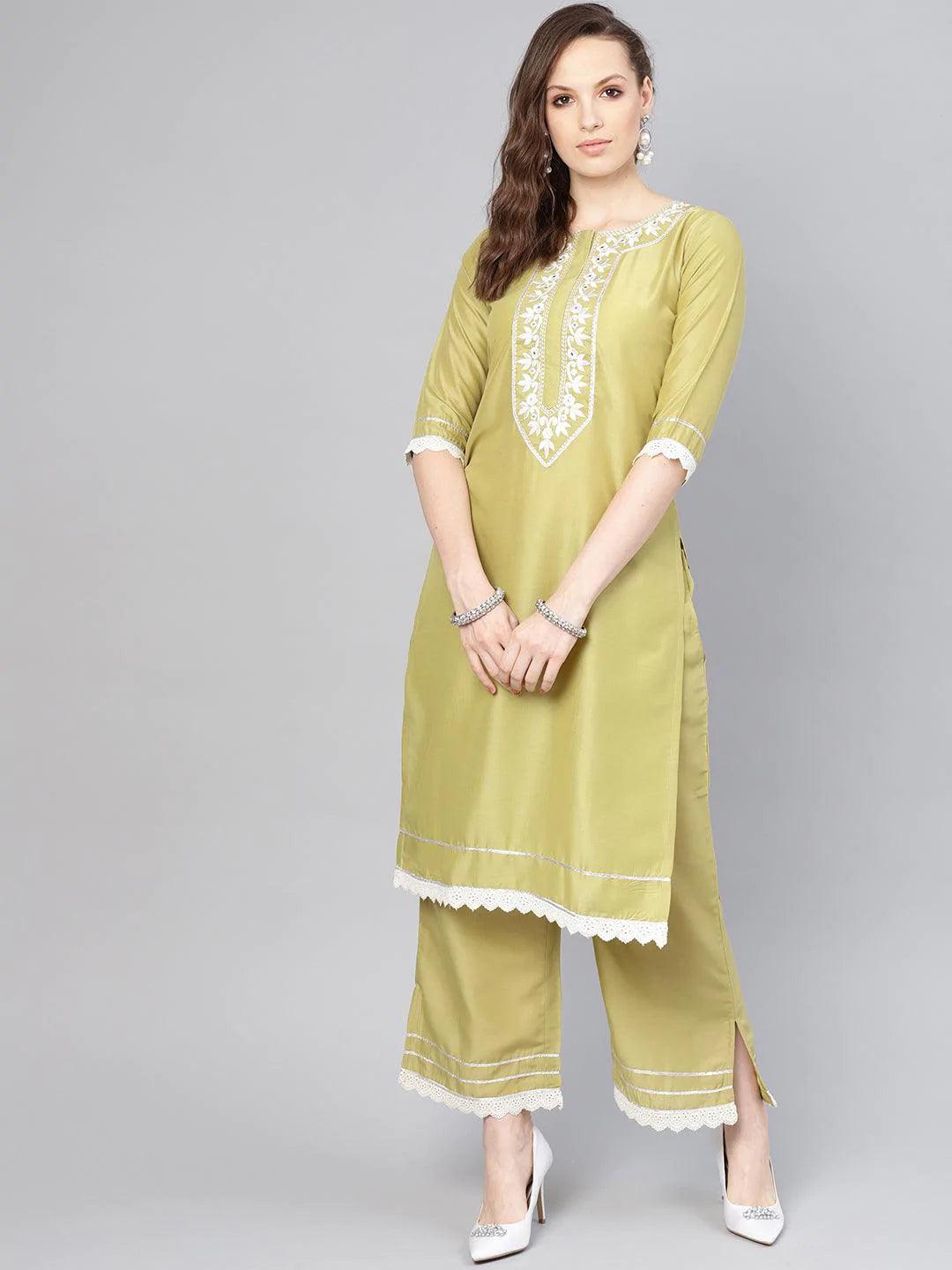 Olive Embroidered Silk Kurta Set