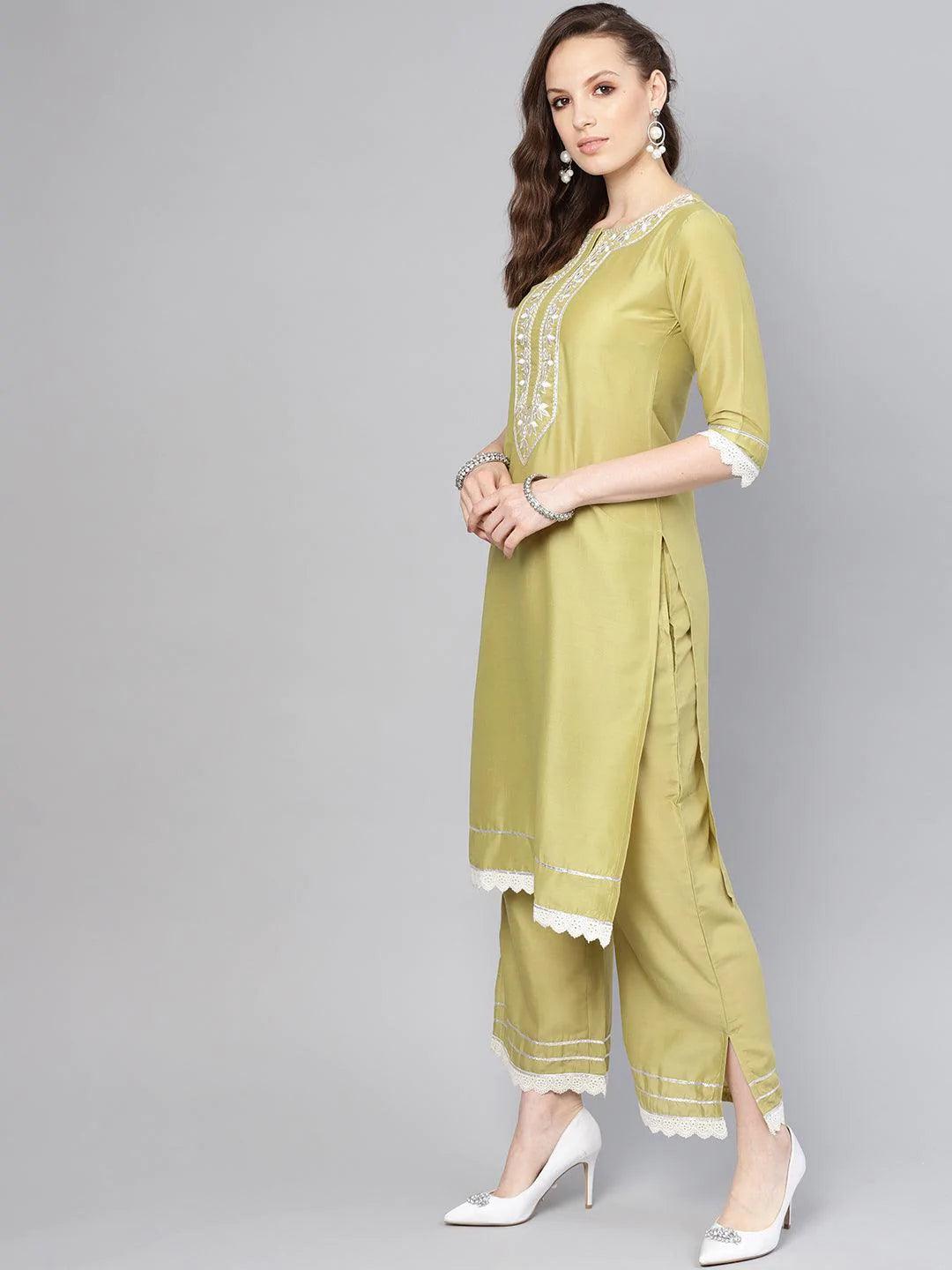 Olive Embroidered Silk Kurta Set