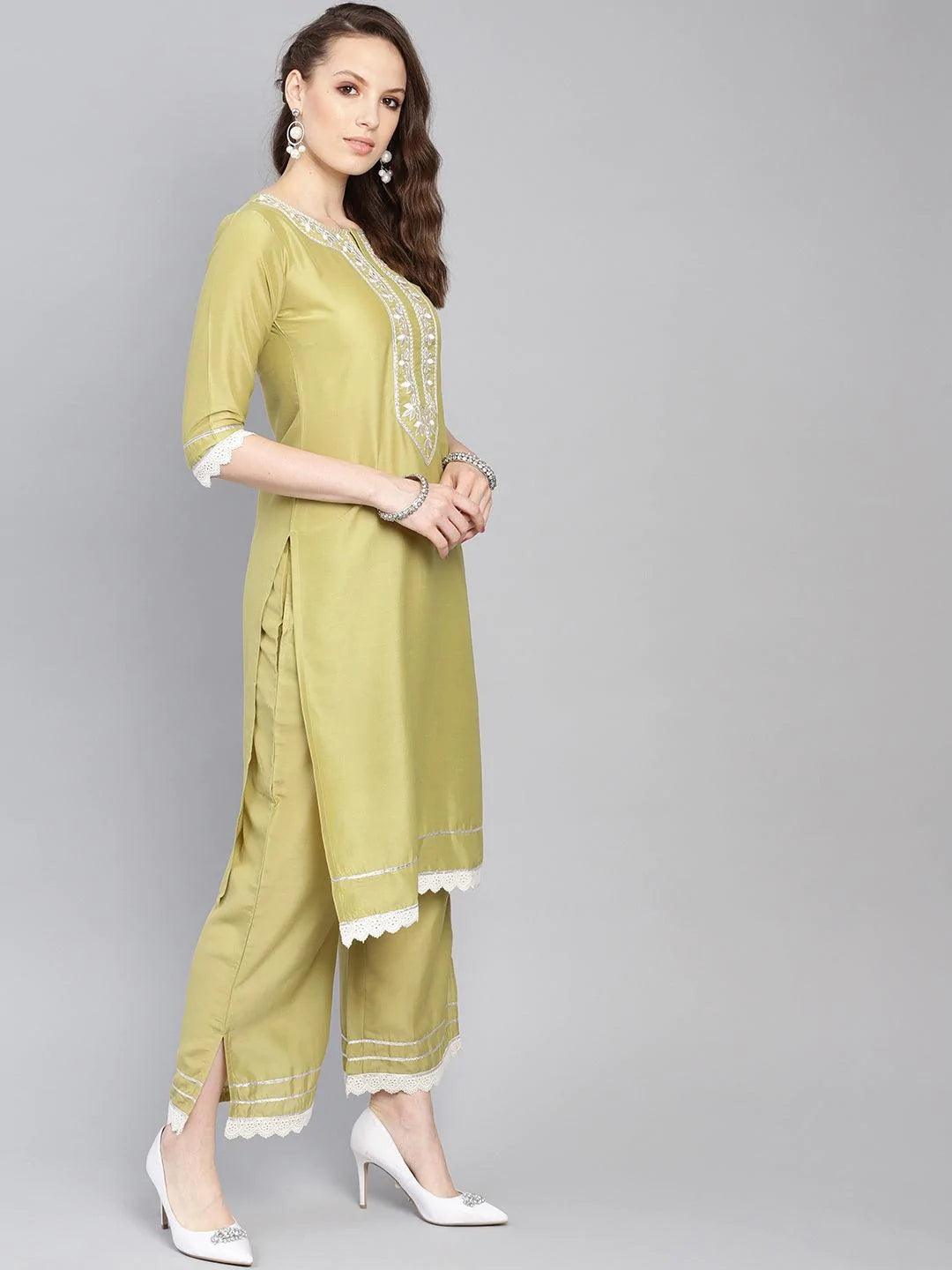 Olive Embroidered Silk Kurta Set