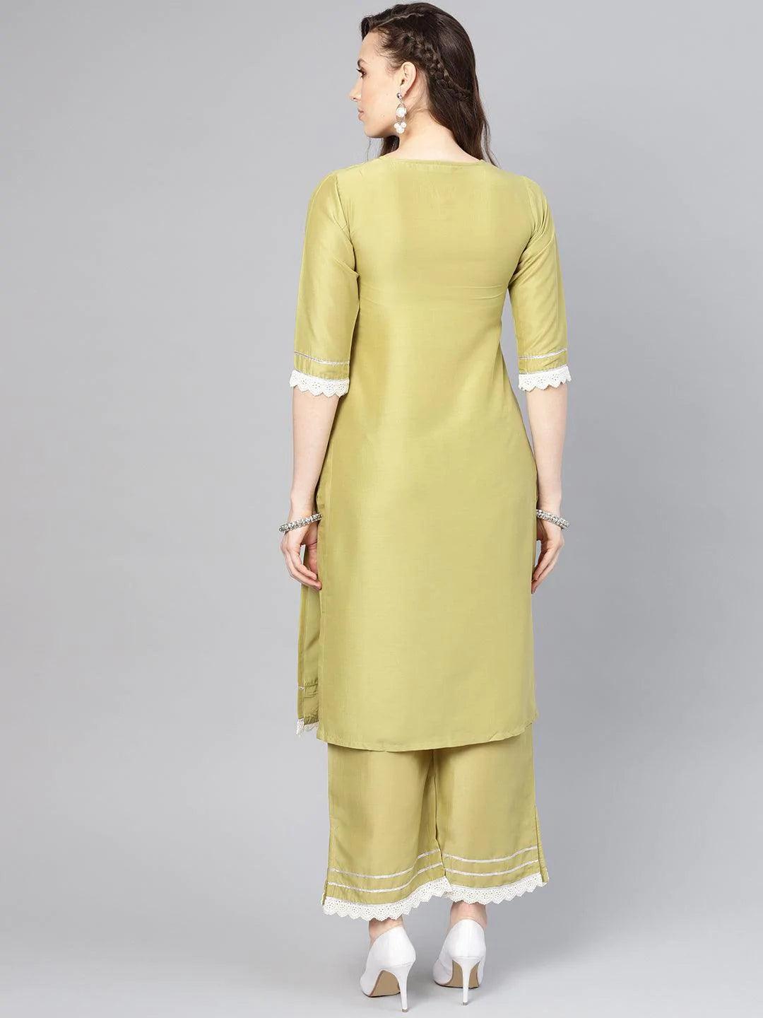 Olive Embroidered Silk Kurta Set