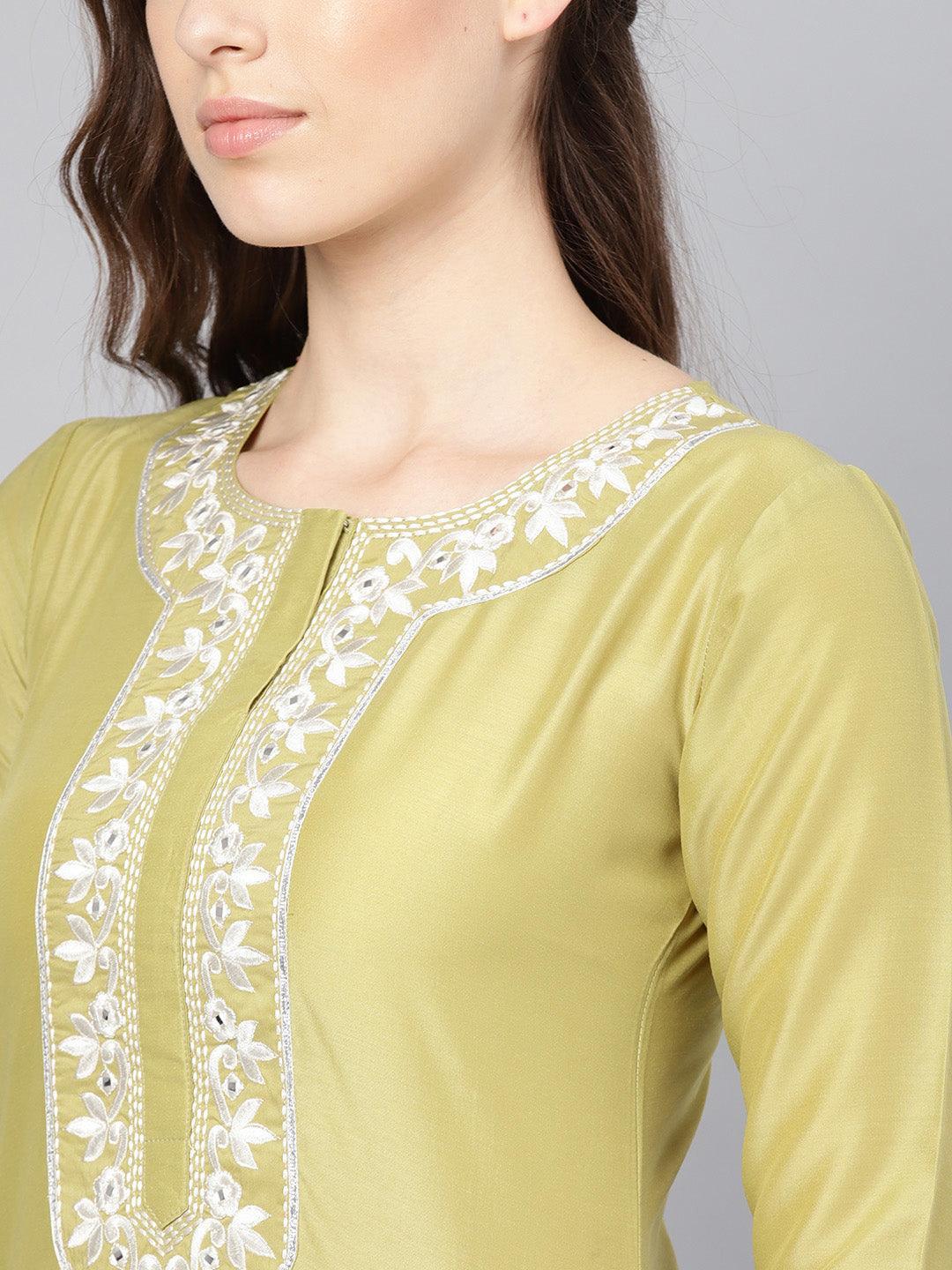 Olive Embroidered Silk Kurta Set